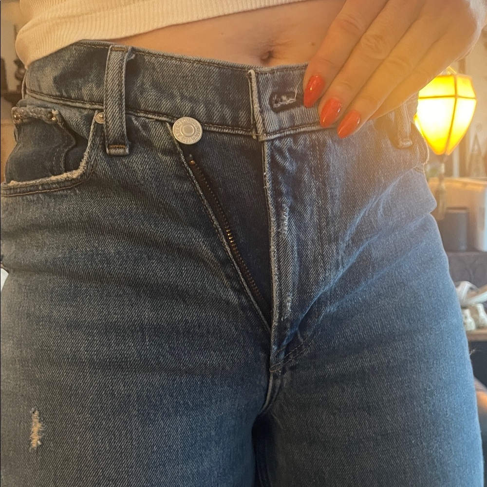 90s Straight Ultra High rise Blue Women's Jeans Cross Front Zip feature - Picture 5 of 6